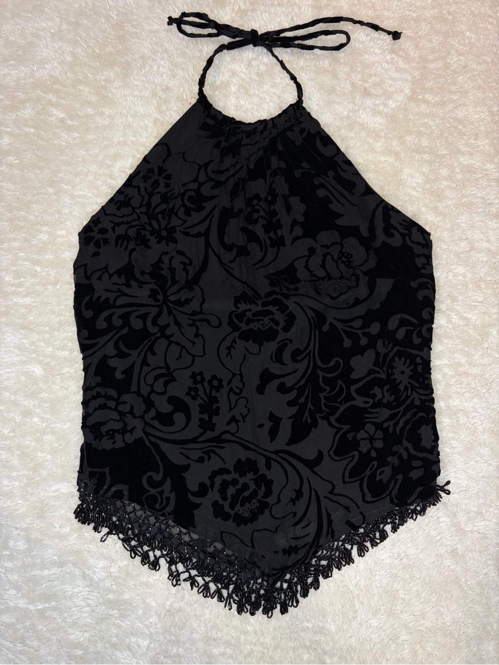 Vintage black velvet burnout tie halter top beaded trim open back deadstock - Picture 4 of 12